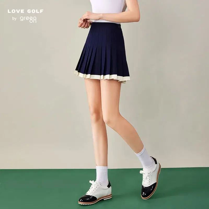 Love Golf Women Patchwork Golf Pleated Skirt Lady Anti-exposure Elastic Culottes A-line Slim Panskirts with Inner Shorts