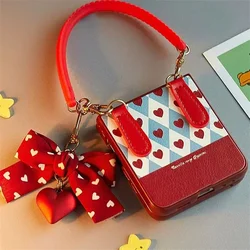 Retro Heart Leather Case with Lovely Bow Wrist Strap - Luxury Cover for Samsung Z Flip 8 (Heart GS)