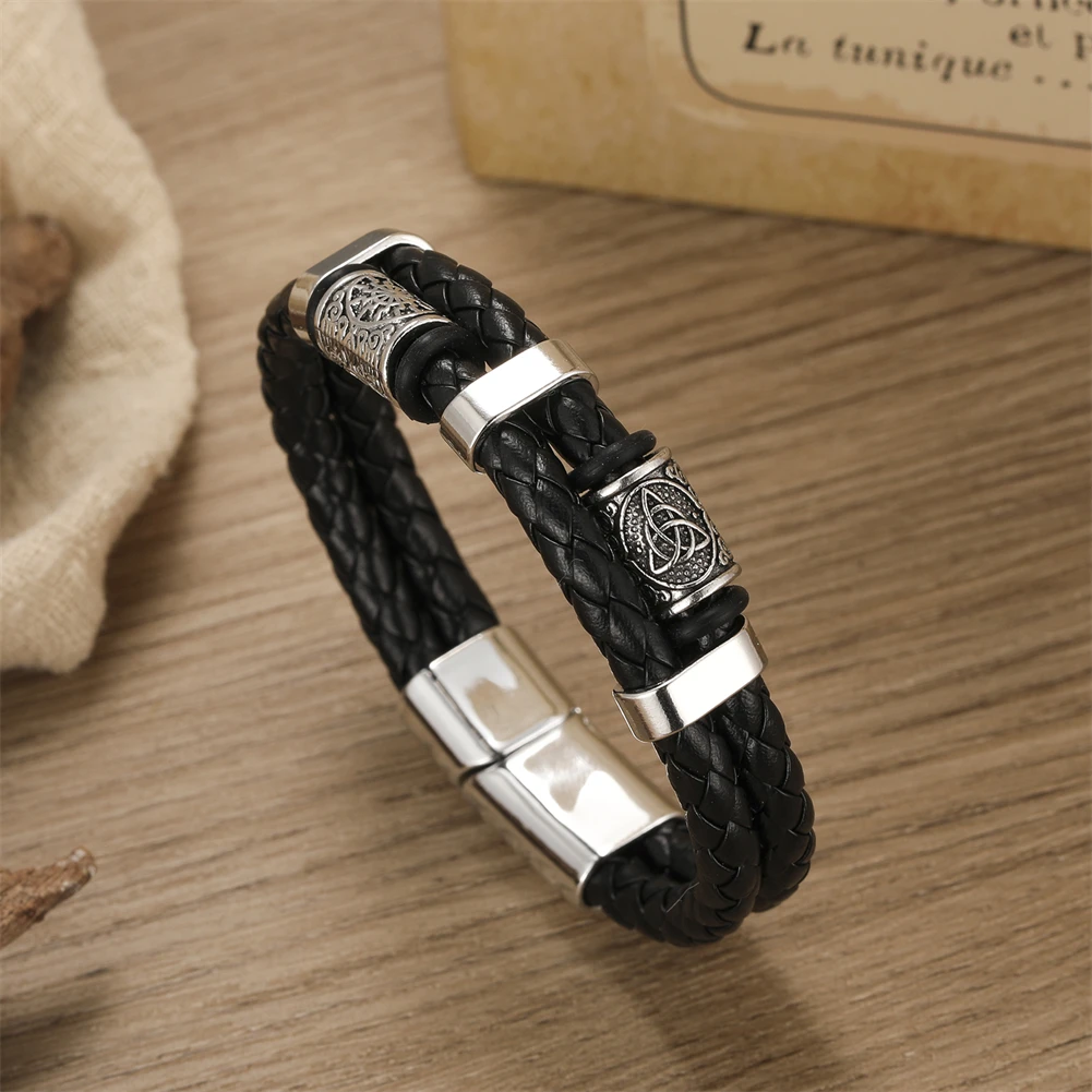 

2023 Fashion Jewelry Handmade Weave Double Layer Cuff Bracelet Vintage Black PU Leather Bracelet Men Pulseira