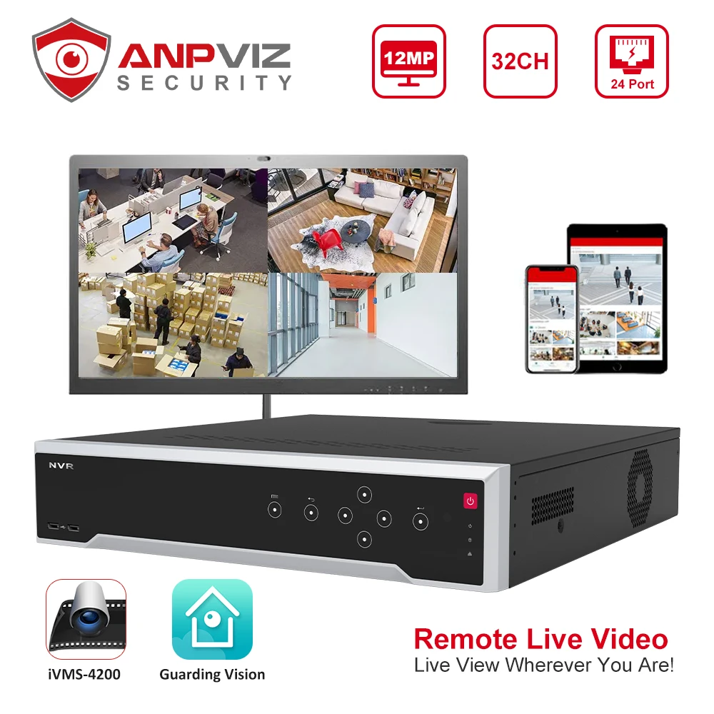 

Anpviz 12MP AI 32CH POE NVR OEM DS-7732NI-I4/24P Network Video Recorder IP Camera CCTV System Video Output P2P VCA UP to 40 TB