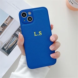 Personalized Fluorescent Green Leather Case with Custom Initials - iPhone 14 (Klein blue)