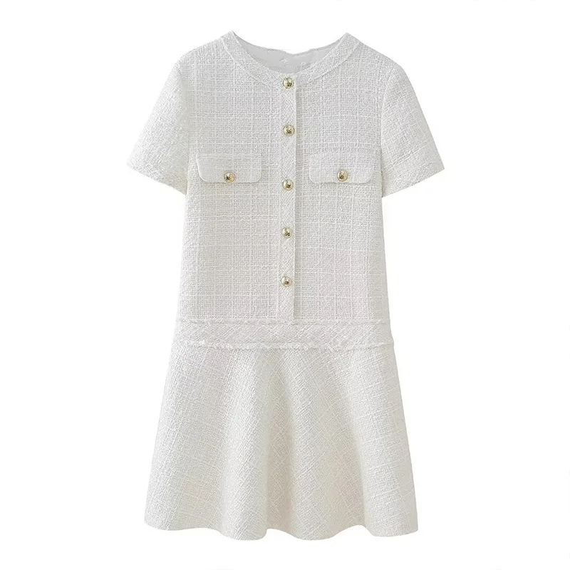 

Textured Mini Dress 2024 New Women's Summer Short Sleeve Short Dress Casual Button Elegant Party Dresses