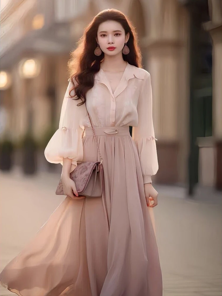 Spring Autumn Fashion Two Pieces Set Women Single-Breasted Lantern Sleeve Shirt Tops + High Waist A Line Midi Skirt Suits