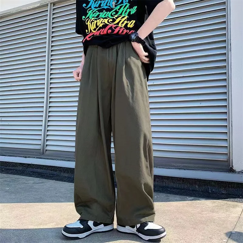 Men Wide Leg Pants Spring Cotton Solid Color Casual Korean Loose Straight Trousers S-5XL
