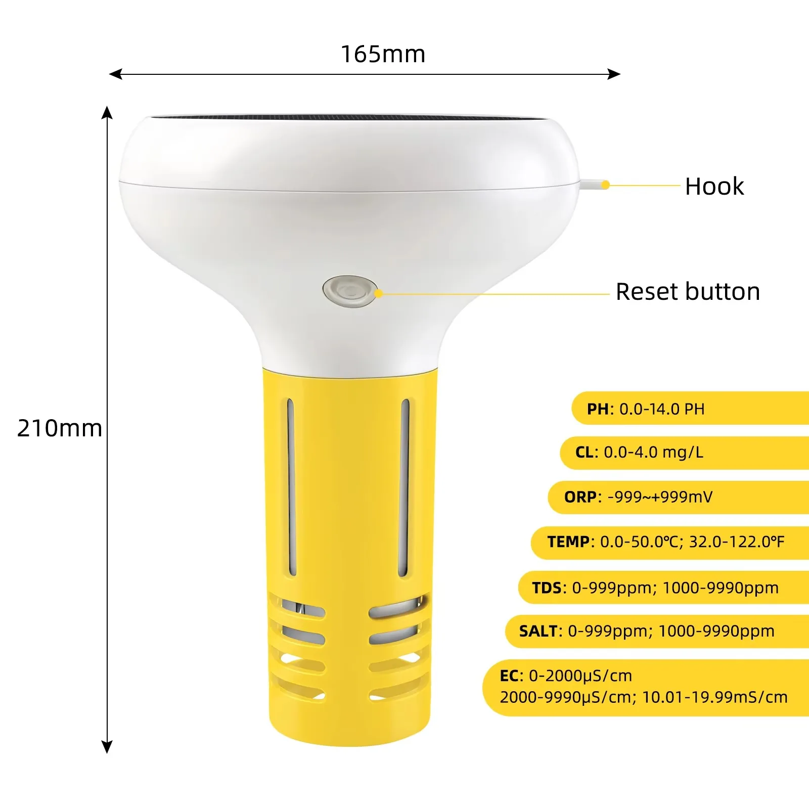 7-in-1 WiFi 태양광 수질 테스터 염소 PH TDS EC ORP 염도 온도 수영장 방수