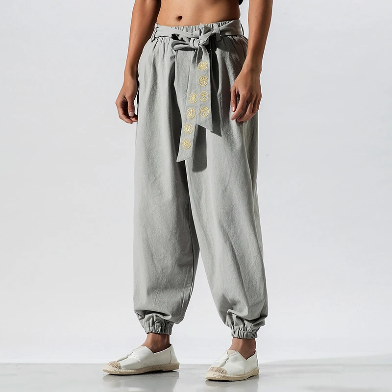 Japanese Kimono Pants Embroidered Loose Harajuku Casual Men Trousers Yukata Style Harem Costume