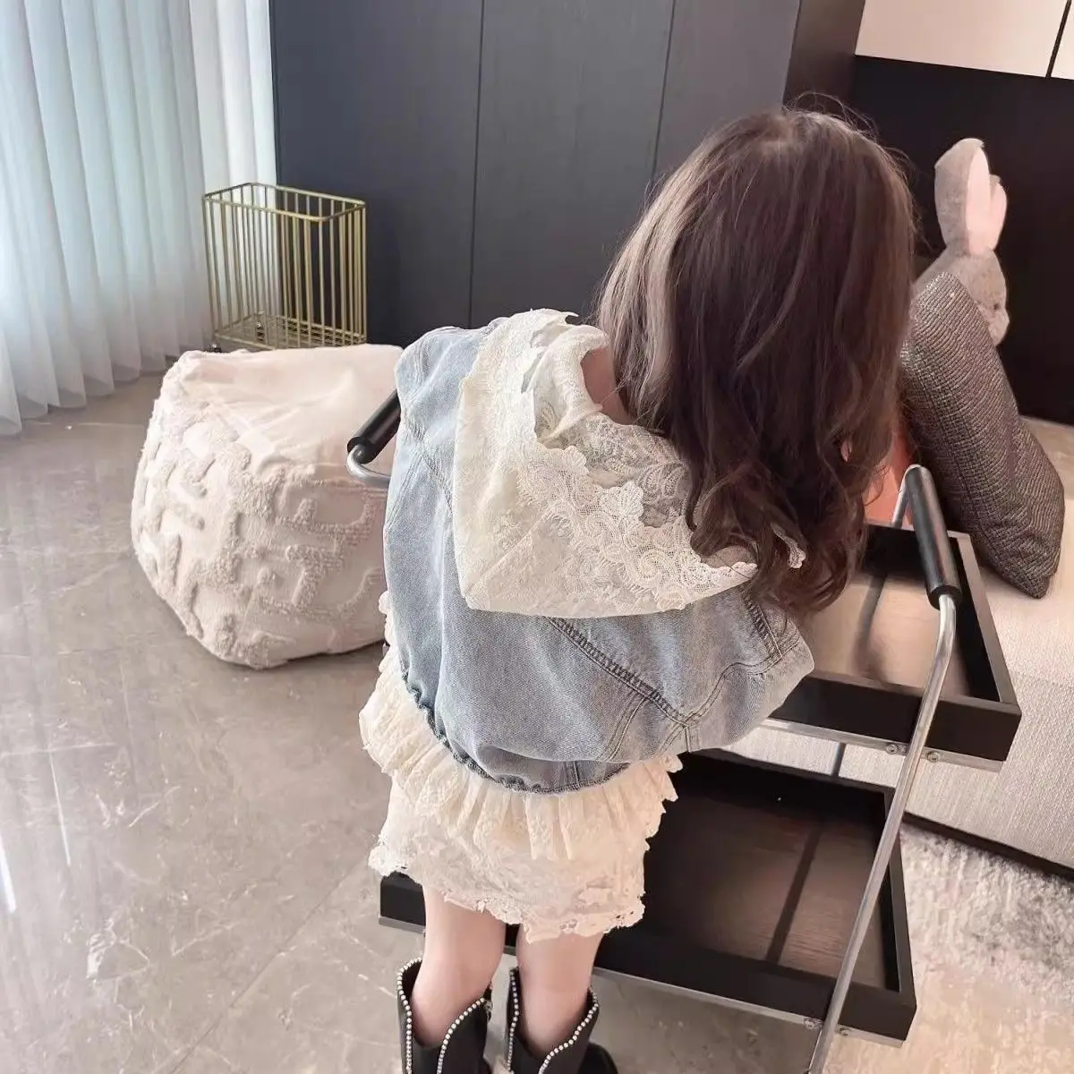 2025년 봄 가을 여아 데님 코트와 우아한 레이스 드레스 투피스 세트