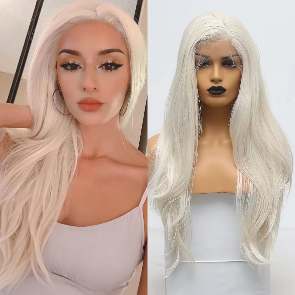 Long Platinum Blonde Natural Wavy Synthetic Hair Free Part Layered White Blonde Curly Heat Resistant Fiber Wig For Women Daily