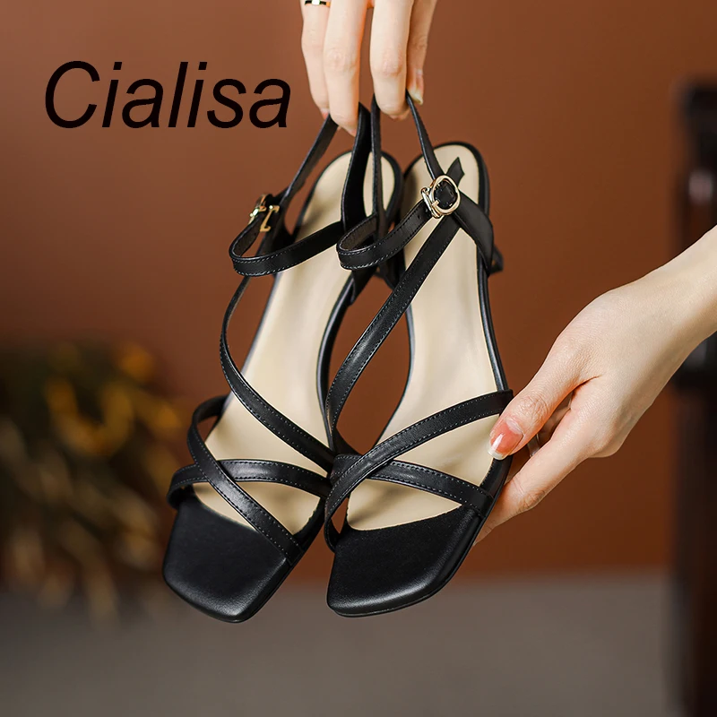 

Cialisa Sandals Concise Black Genuine Leather Women Shoes Summer Open-Toed Dress Handmade Buckle Strap Mid Heel Ladies Footwear