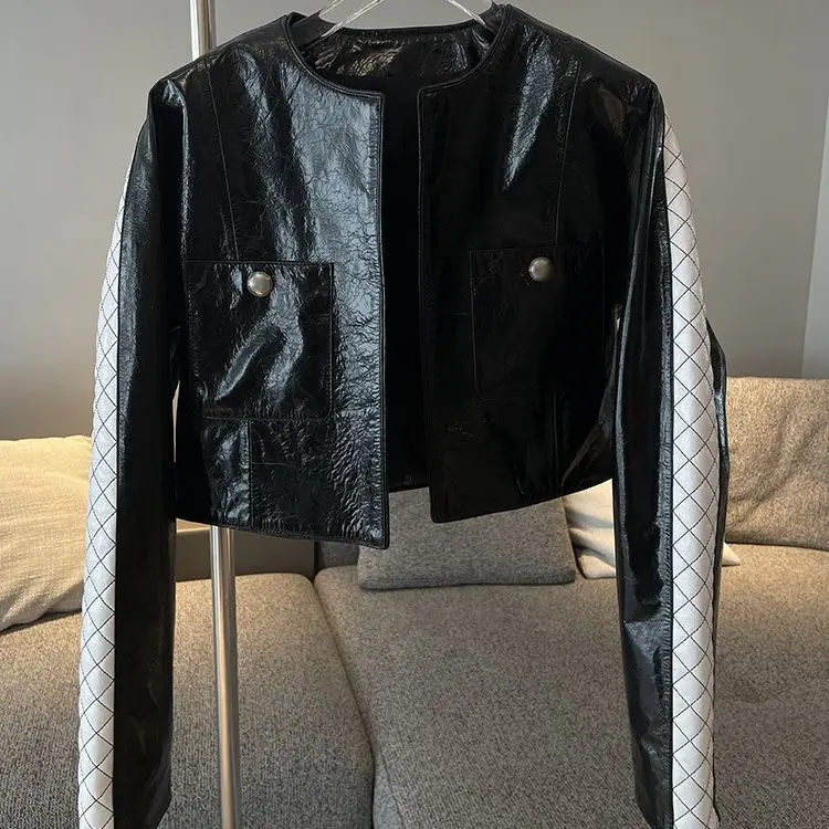 

Genuine leather jacket new small fragrant style, cowhide, oil wax leather, diamond grid, pressed line, shoulder length