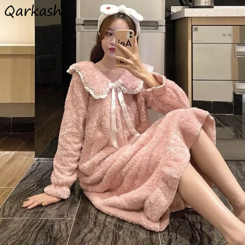 

Nightgowns Women Bowknot Sweet Girls Korean Retro Lovely Calf-length Nightie Gentle Flannel Warm Sleepshirts Lace-line Comfort