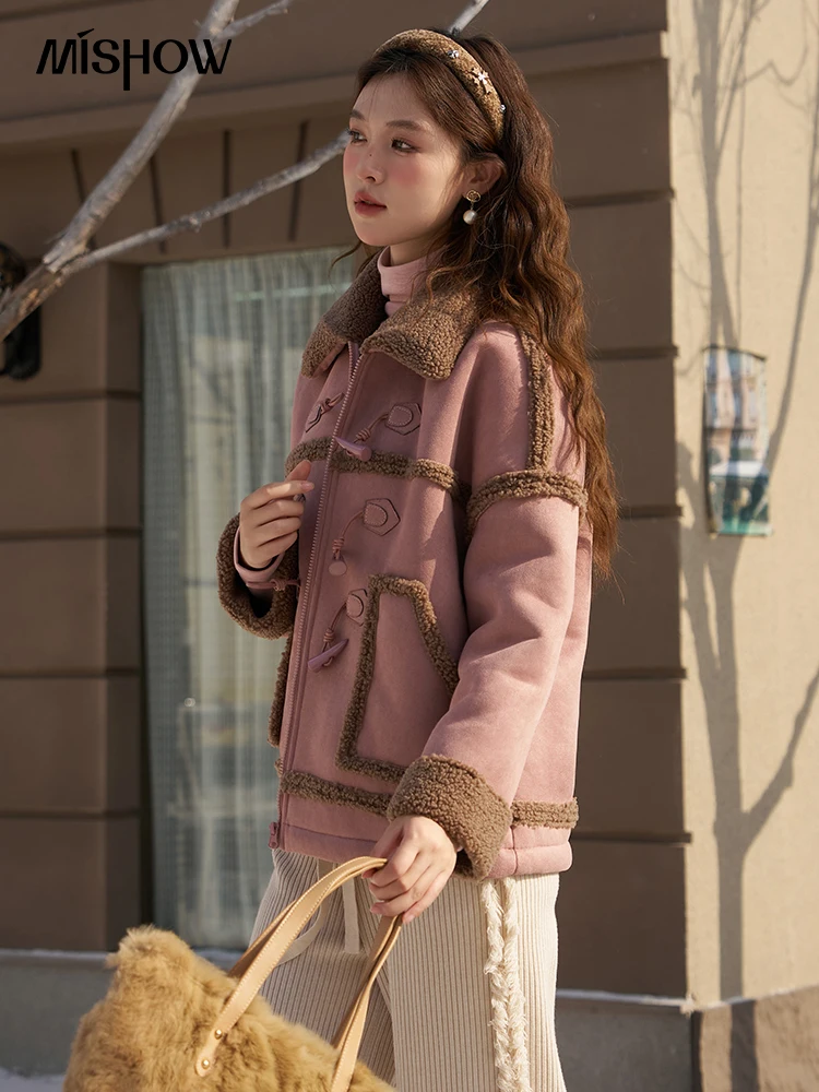 MISHOW French Gentle Faux Fur Coat for Women 2023 Autumn Winter Lapel Horn Button High Quality Thick Warm Lamb Wool MXC56W0169