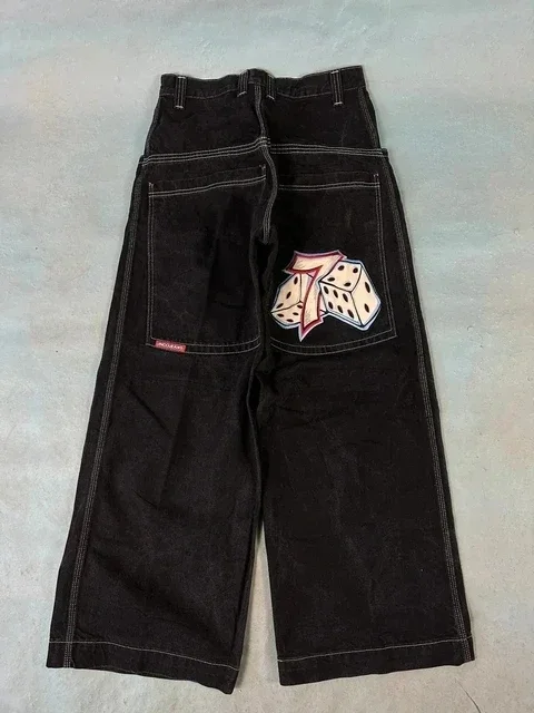 Street Vintage Embroidery Pattern Y2k Baggy Jeans Wide Leg Oversized Denim Trousers Hip Hop Goth Black  Low Rise Pants Men Women