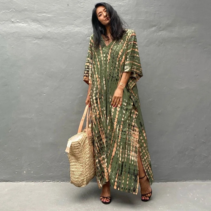 Fashion Casual Striped Print Long Dresses Women Bohemian V-neck Bat Sleeve Loose Slit Beach Dress Summer New Beachwear Vestidos 69 Fashion Casual Striped Print Long Dresses Women Bohemian V-neck Bat Sleeve Loose Slit Beach Dress Summer New Beachwear Vestidos