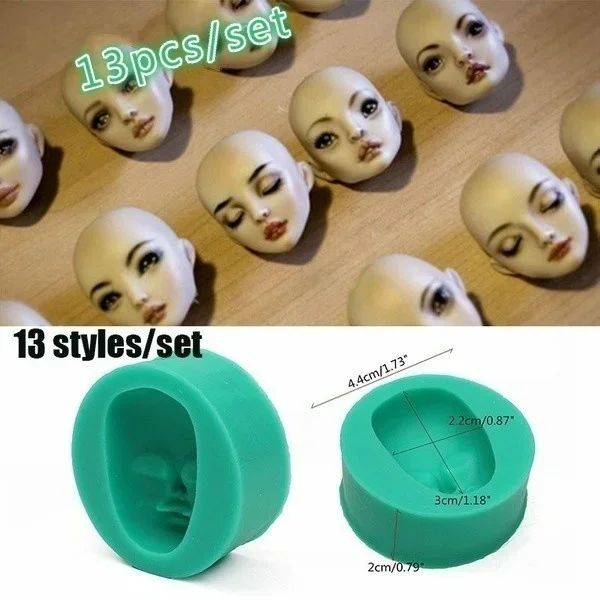 

13 Pattern 3D Dolls Face Silicone Mold Sponge Fondant Cake Choolate Baking Tool Baby Face Mold
