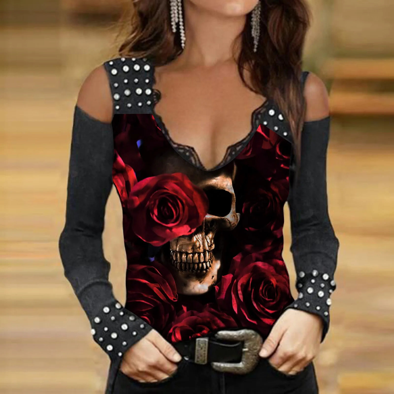 

Новинка Зима 2023, уличный хипстер, Повседневный пуловер с V-образным вырезом и длинным рукавом, с принтом и открытыми плечами, женская футболка