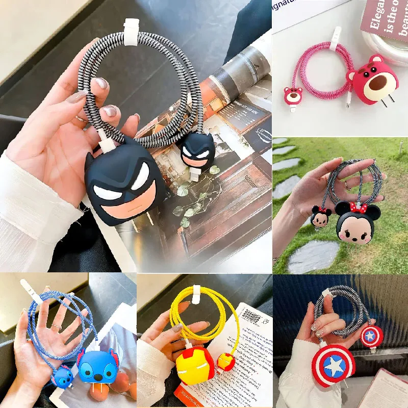 4Pcs/set Marvel Charger Smart Cover Cute Cartoon Charger Protection for Samsung 25W  Data Cable Charging Decoration Accessories 3pcs set cute cat silicone id card protection cover case lanyard badge holder kids school student office exhibit work neck strap