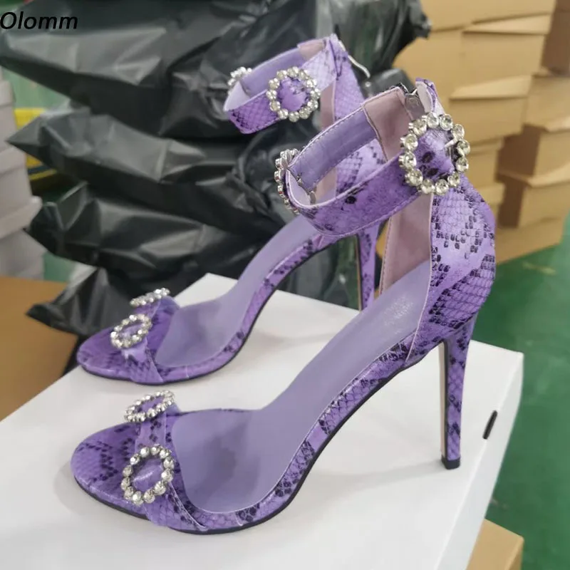 

Olomm New Fashion Women Sandals Snake Pattern Sexy Stiletto Heels Open Toe Gorgeous Purple Party Shoes US Plus Size 5-20