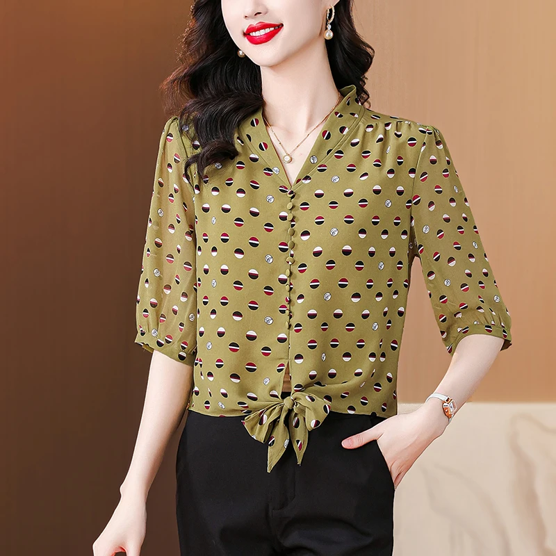 2024 Summer New Women's Elegant Casual Loose Button Tie Up with Printed V-Neck Silk Polka-dot Half Sleeve Commuter Shirt Tops heavyweight 100%natural mulberry silk song brocade new chinese green puzzle grid comfortable and elegant commuter top