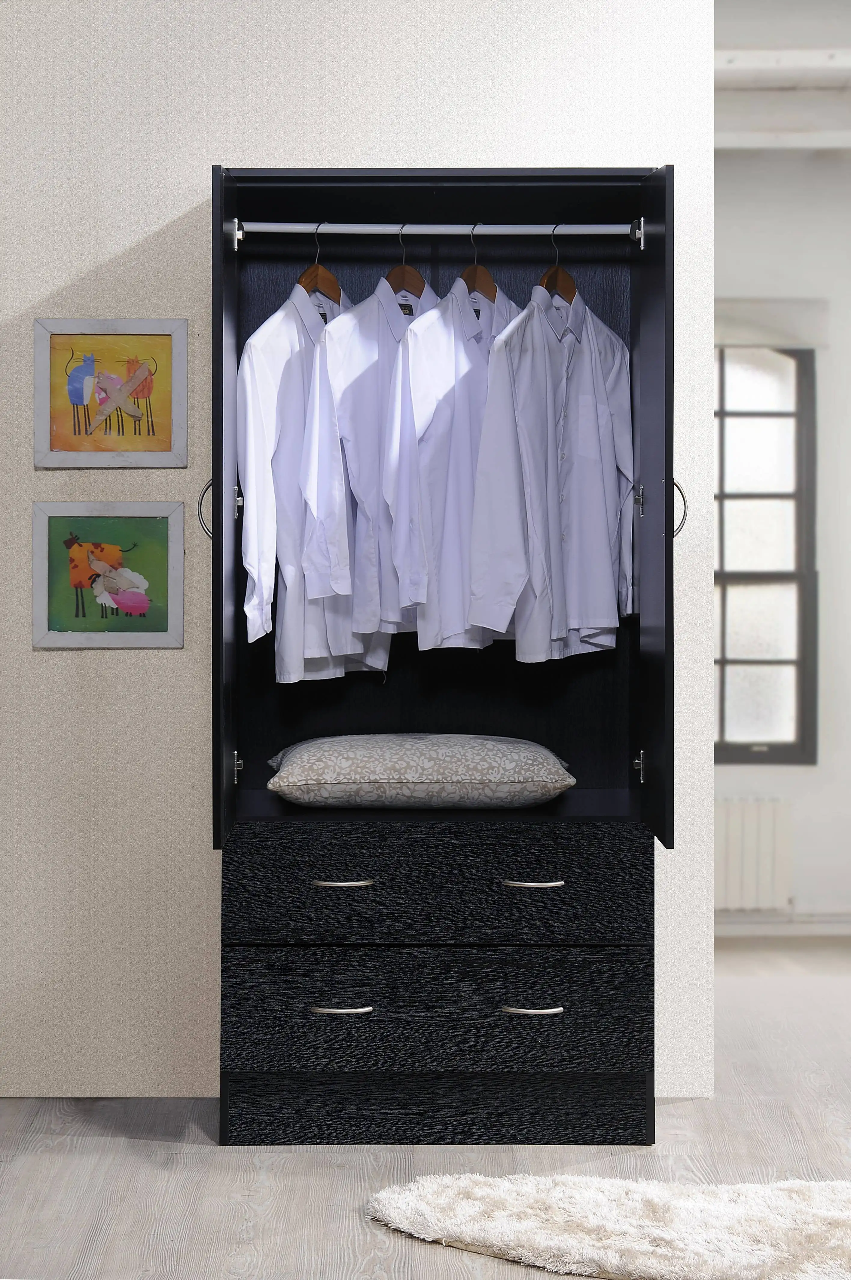 Two Door Wardrobe with Two Drawers and Hanging Rod, White muebles de dormitorio closet organizer