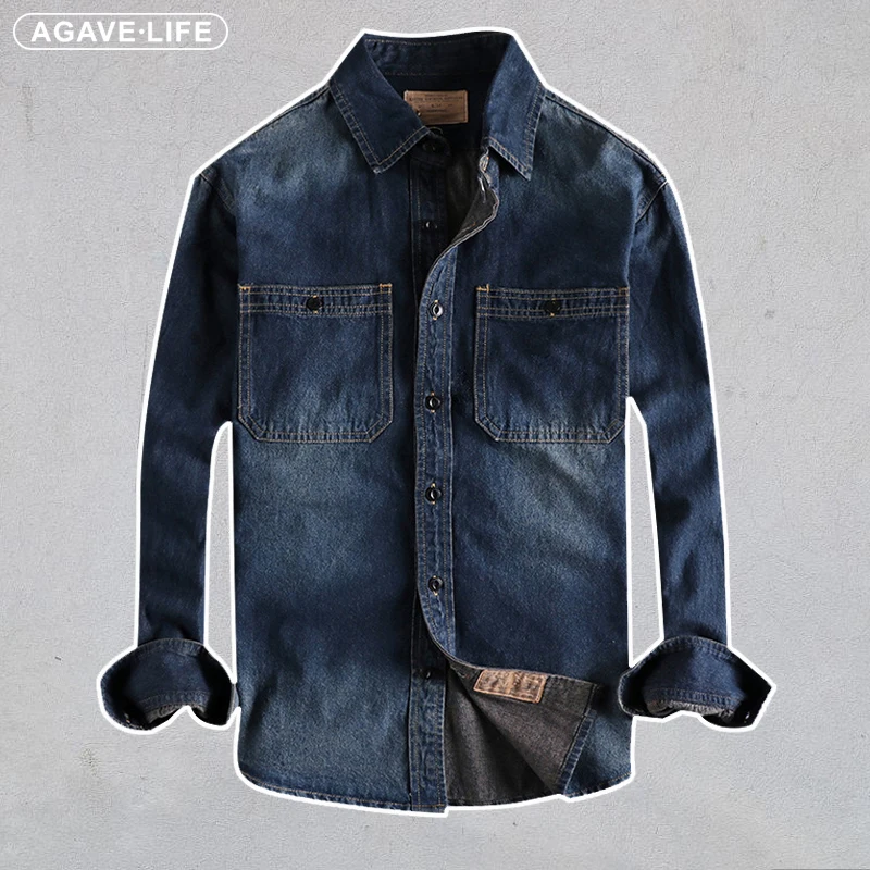 

Tough Guy Casual Denim Shirt Men's Autumn Winter Tooling Old Retro Jean Shirt Youth Male Military Tactics Long Sleeve Jean Shirt