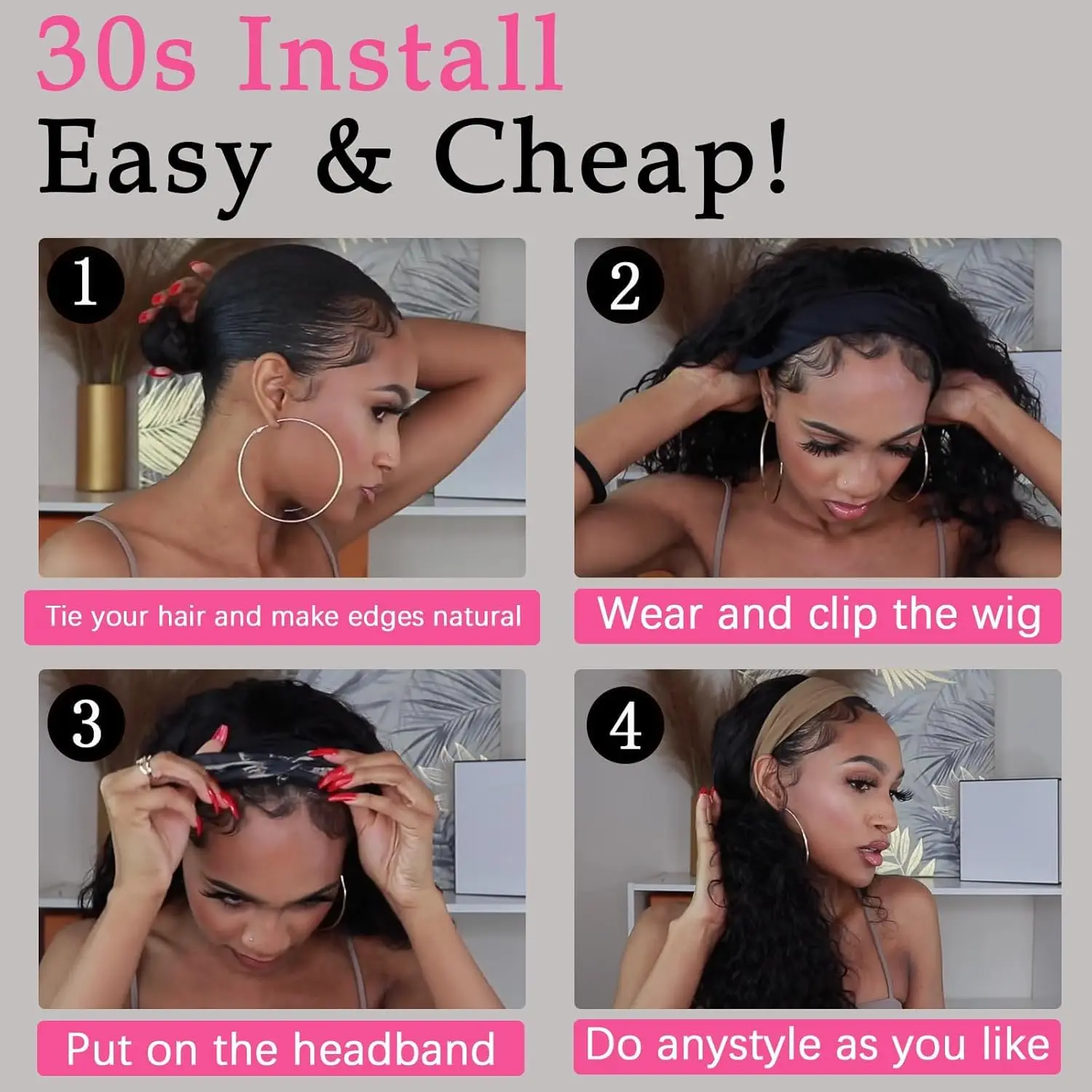 200% Density 20 Inch Body Wave Headband Wig Human Hair for Black Women None Lace Front Wigs Wear And Go Machine Made Headband