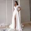 Simple Satin A Line Wedding Dresses Fascinating V Neck Cap Sleeve Bride Gowns For Women Side High Split Vestidos De Novia Boda 3