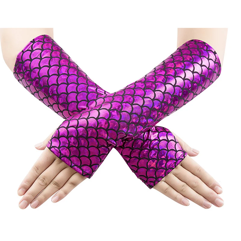 Meerjungfrau Fisch Skala Lange Handschuhe Frauen Halloween Cosplay Bühne Kostüm Zubehör Weibliche Sexy Prom Party Fingerlose Handschuhe – Detail 9