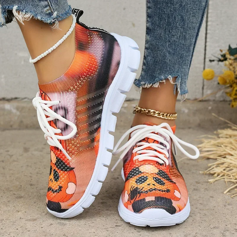 

Women Fashion Print Knitting Sneakers Autumn New Breahable Mesh Running Shoes Female Casual Flats Soft Sole Slip on Footwears 20
