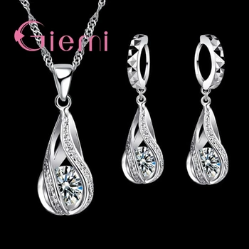 100% 925 Sterling Silver New Water Drop Cubic Zircon Pendant Necklace&Earrings For Women Ladies Jewelry Sets Wedding 1