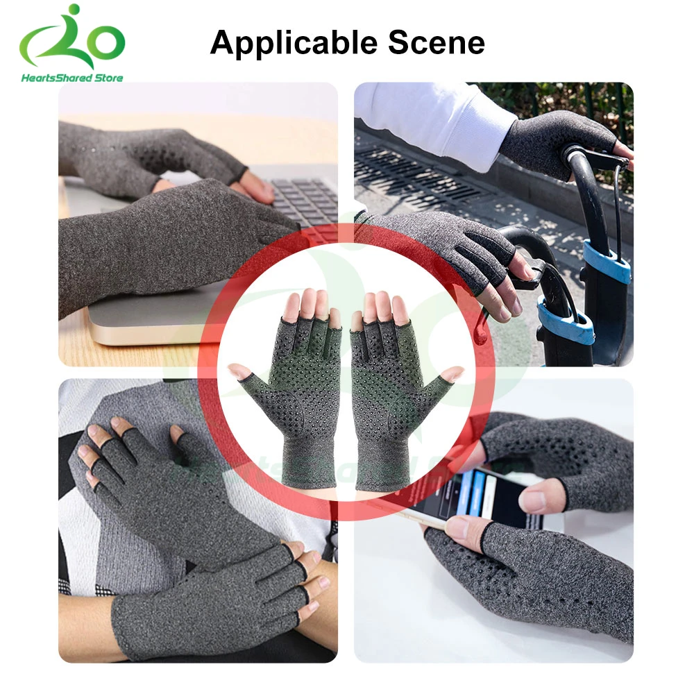 1 Pair Compression Gloves Hand Copper Arthritis Gloves Joint Pain Relief Half Finger Anti-slip Therapy For Womens Mens