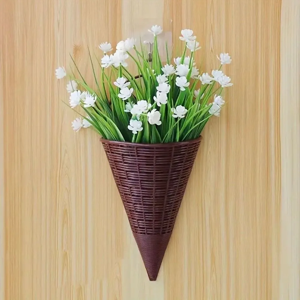 Home Decoration Hanging Flower Basket Plastic Durable Art Rattan Wall Hanging Fan-shaped Pattern Flower Arrangement Container
