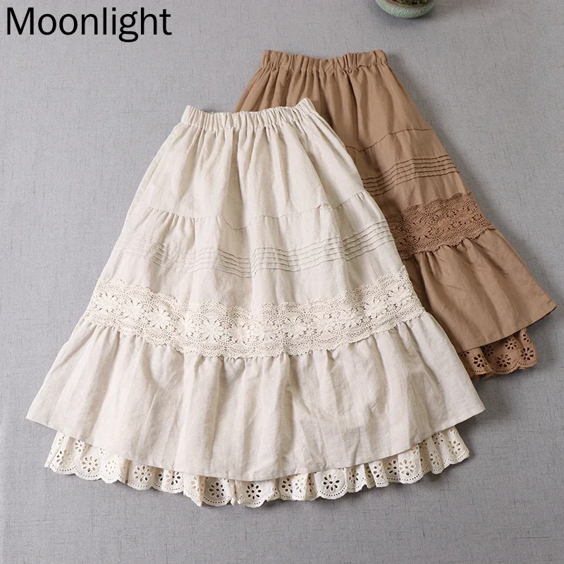 

Japan Style Embroidered Cotton Linen Skirts Autumn Sweet Mori Girl Double Lace Patchwork A-line Skirt Casual Elastic Waist Skirt