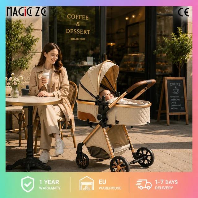 Système de poussette de voyage 3-en-1 Magic ZC, poussette compacte pliable avec nacelle, siège auto pour bébé et siège réversible, landau haute position, roues amortissantes, poignée réglable, pliage à une main, nouveau-né à tout-petit, beige 1