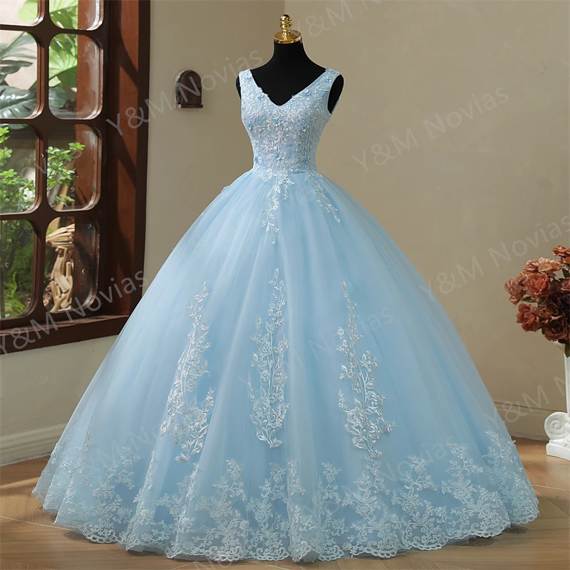 New V Neck Purple Quinceanera Dresses Sweet Flowers For Party Lace Ball Gown Fashion Classic Vestidos Color Plus Size