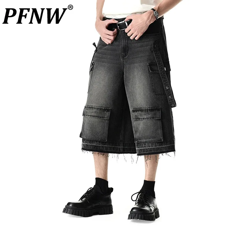 

PFNW Summer Vintage Men's Denim Shorts High Street Loose Jeans Versatile Multi Pocket Overalls New Stylish Calf-Length 28W3390