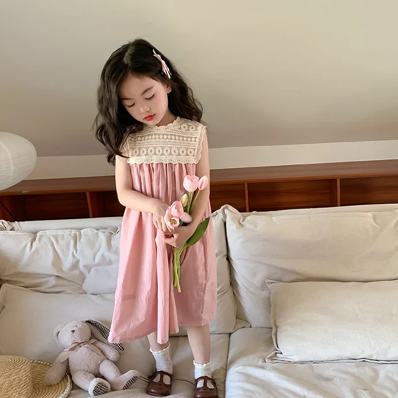 

Summer fashion lace embroidery sundress for girls Cool sleeveless princess dress