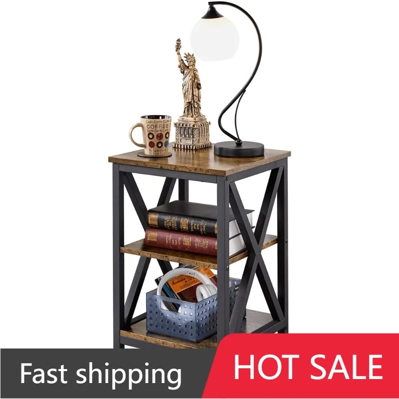 

Industrial 3-Tier Wood and Metal End Table, Rustic Brown