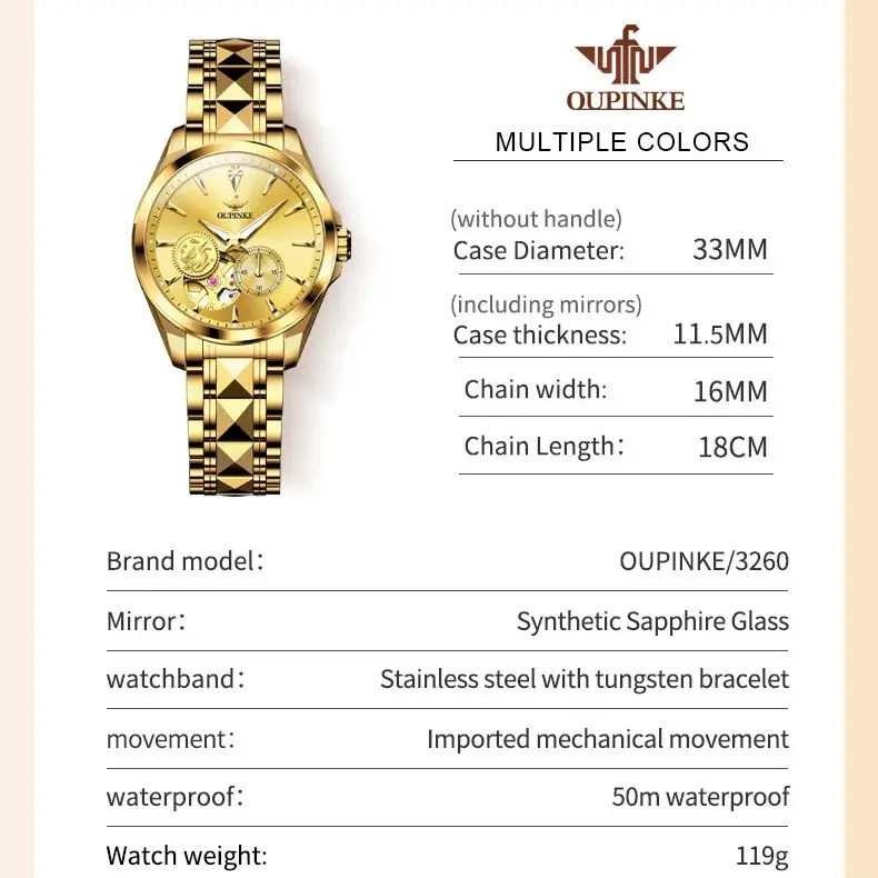 OUPINKE 3260 Real Diamond Real Gold Women Watch Top Luxury Brand Watches Tungsten steel Strap Luminous Ladies Wristwatch Set 6