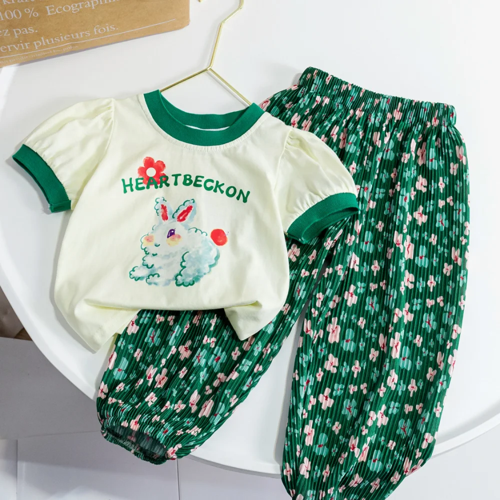 

Summer Girls' Sets Fashion Children's Clothing Korean Cartoon T-shirt and Floral Pants 2PCS Suits for Baby Girl Clothes Outfits