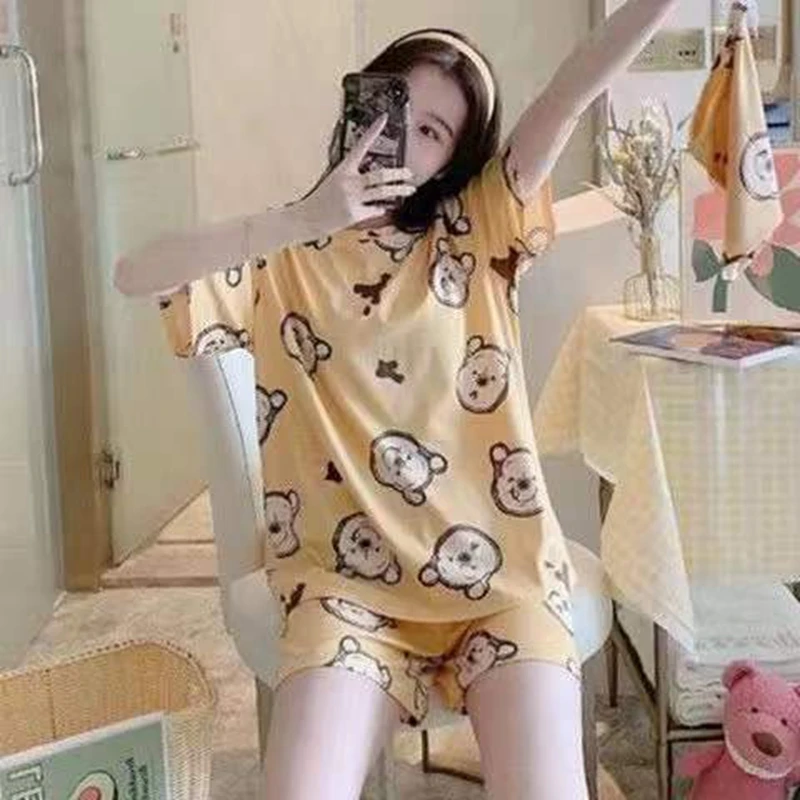 Summer Pajamas Girl Women Short Sleeve T Shirt Shorts 2Pcs Set Cartoon Mickey Minnie Mouse Pooh Print Cute Anime Home Suit M-XXL cute baby sleepwear Sleepwear & Robes