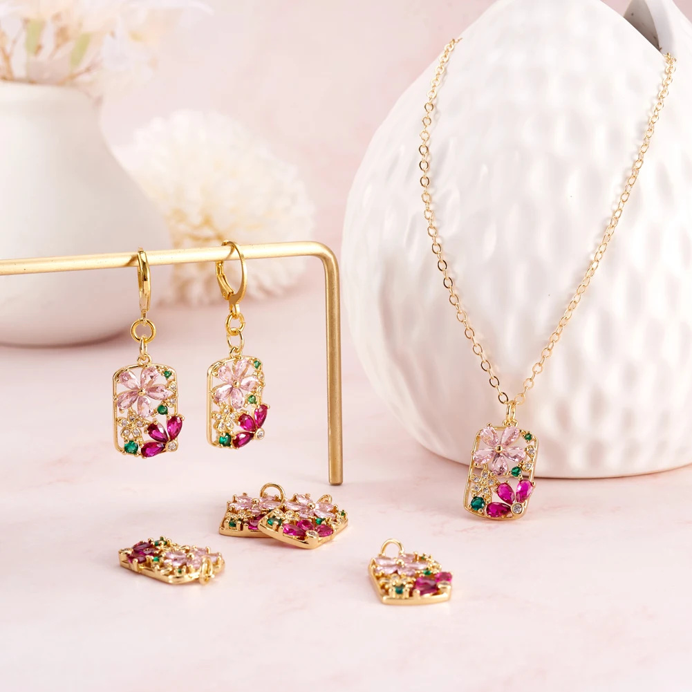10pcs Brass Zirconia Flower Charms Pendants Real 16K Gold Plated for Women Girls Necklace Dangle Earring Jewelry Making Diy Gift