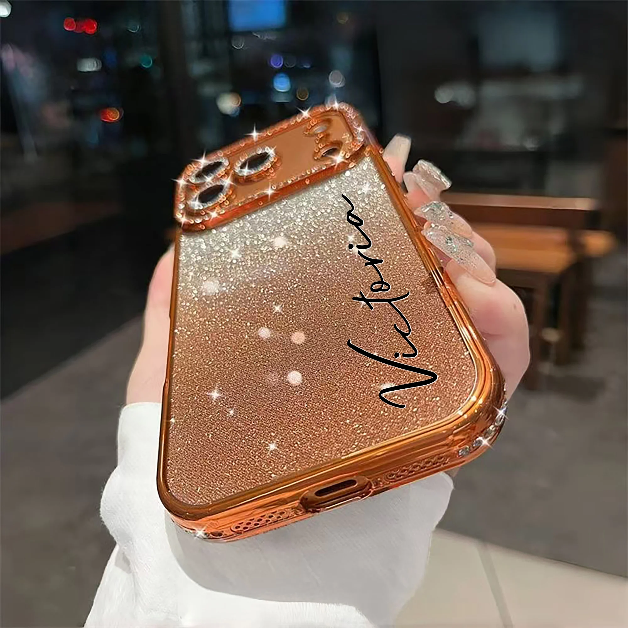 Custom Letters Name Starry Orange Flash Diamond Gradient Phone Case thumbnail 3