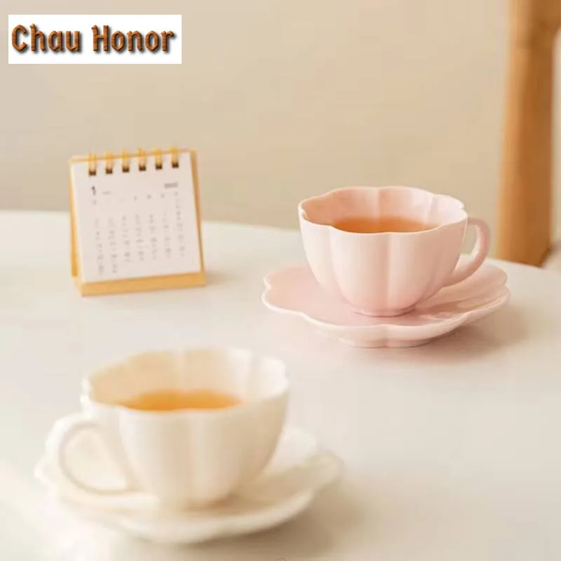 Boutique Jade Mud Cherry Blossom Powder Coffee Mug with Plate Beer Cup Afternoon Tea Mug Cup Saucer Kit Tea Items Decoration