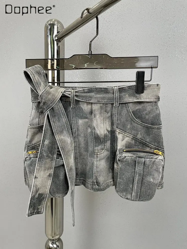 

American Camouflage Multi-Pocket Belted Short Cargo Denim Pants Summer Hot Girl Street Casual Low Waist Short Denim Culottes