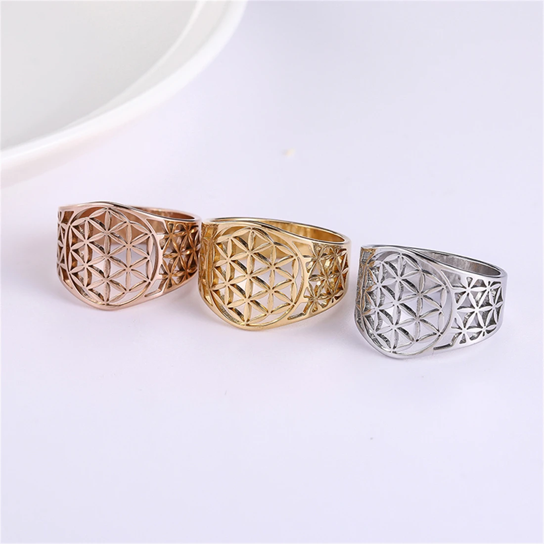 EUEAVAN Flower of Life Rings Stainless Steel Hollow Sacred Mandala Ring for Women Men Spiritual Jewelry Gift 5