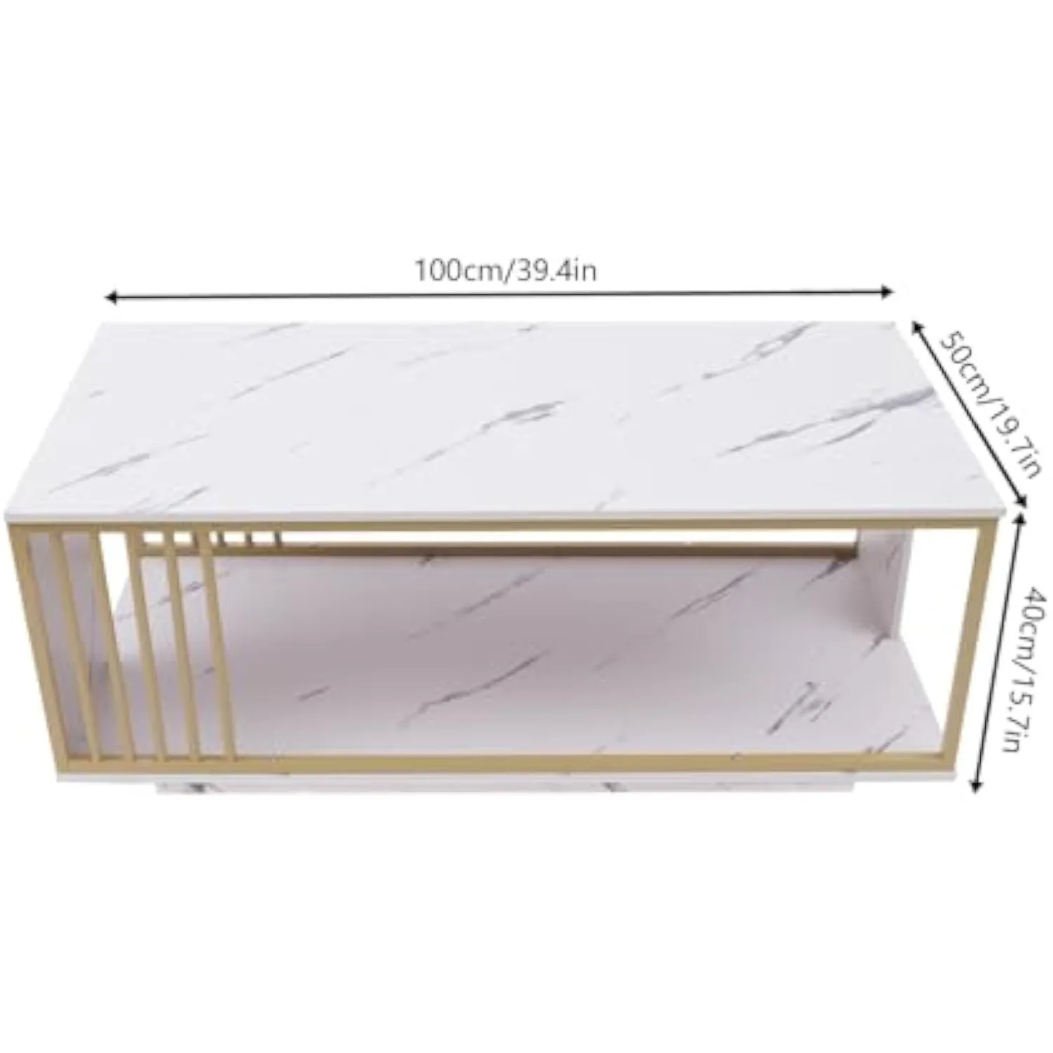 Modern White Marble Veneer Coffee Table, 2 Tier Rectangular Coffee Table with Gold Frame Sofa End Table for Living Room Bedroom 2