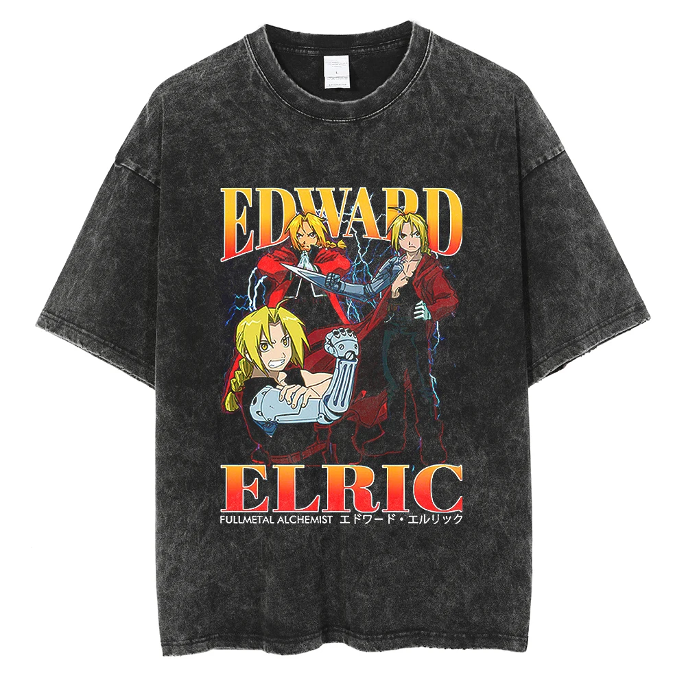

Men TShirt Harajuku Anime FULLMETAL ALCHEMIST Print Vintage T-Shirt Cotton Short Sleeve Black Washed Tops Streetwear Clothing