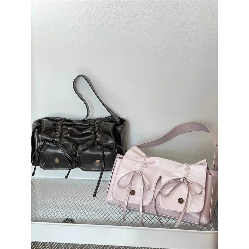 Fashion Ruched Drawstring Bow Women Handbags Retro Pu Leather Shoulder Crossbody Bag Y2K Multiple Pockets Motorcycle Bags 2024