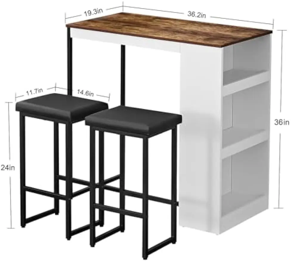 3 Piece Dining Table Set Kitchen Bar Table with Two Stool Storage Shelves Wood Counter Height Table Top with Sew Kerf Finish